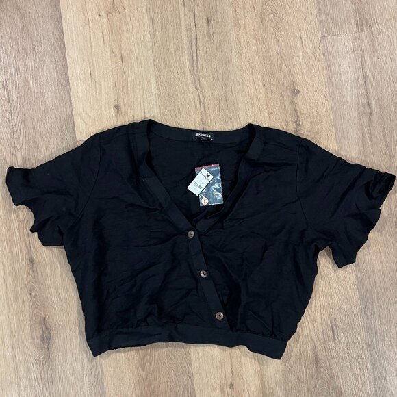 NWT Express Black Button Up Crop Top Short Sleeve Size Large - Picture 3 of 5